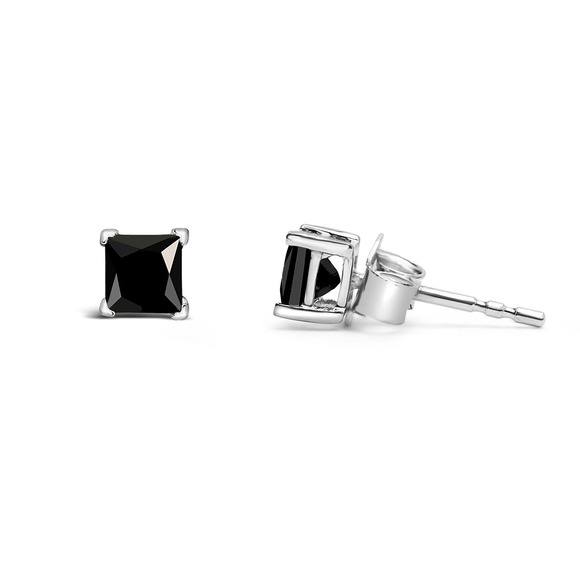 Haus of Brilliance White Gold Princess-Cut Treated Black Diamond Stud Earrings - Picture 4 of 5